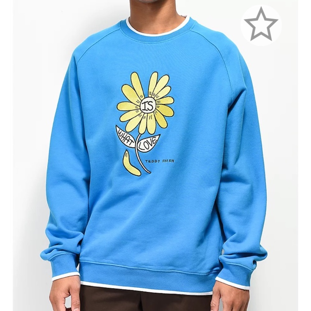 Teddy Fresh Love Flower Blue Raglan Crew Neck Sweatshirt Size M